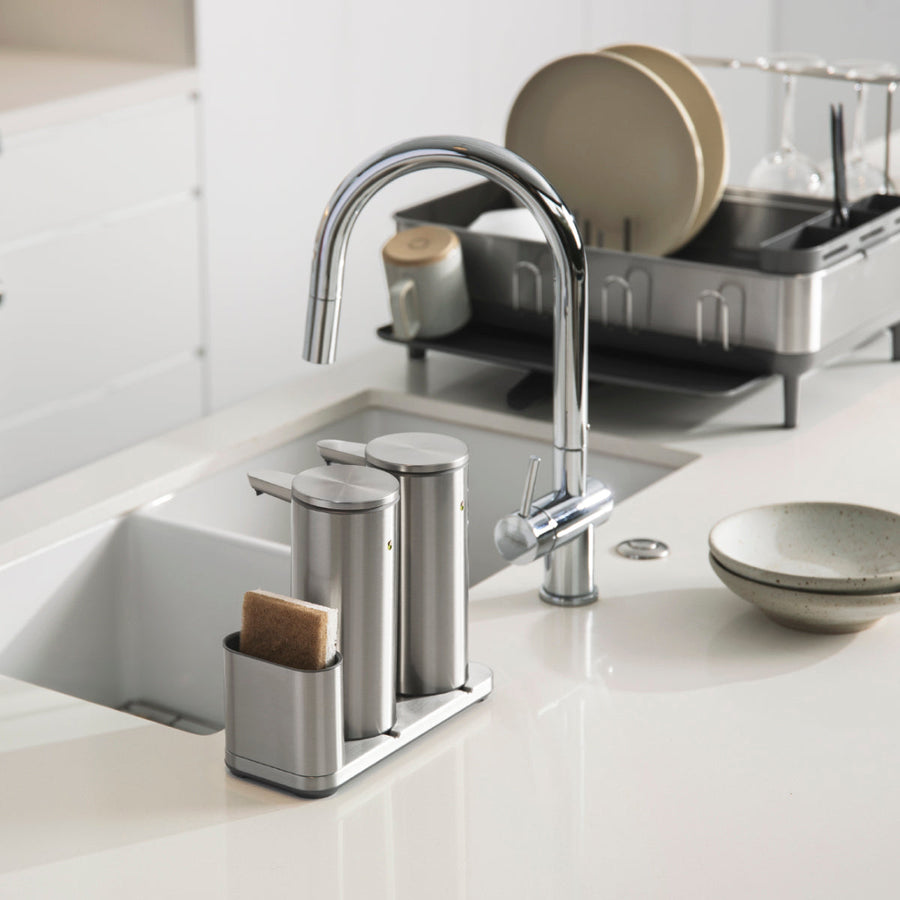 double grand distributeur de savon à  capteur + rangement pour éponge