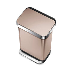 45L rectangular pedal bin with liner pocket - rose gold finish - 3/4 top down image