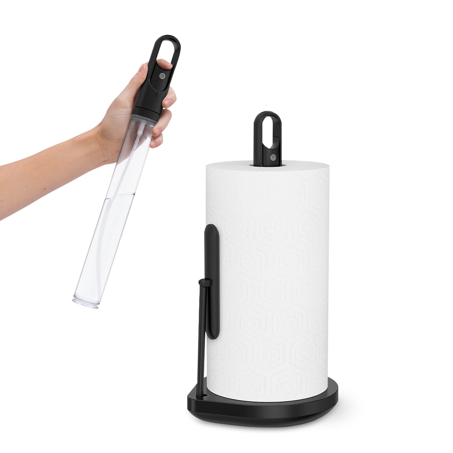 Action view of Simplehuman Matte Black Paper Towel Holder showing the removable spray handle being lifted out.