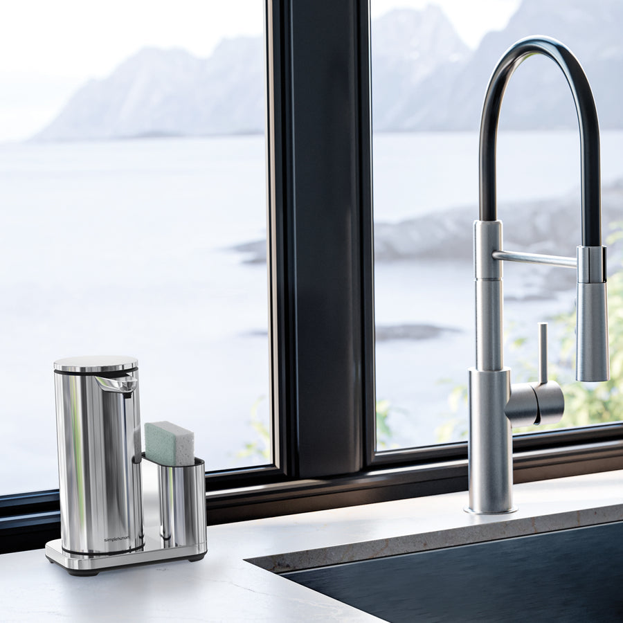 grand distributeur de savon à  capteur + rangement pour éponge