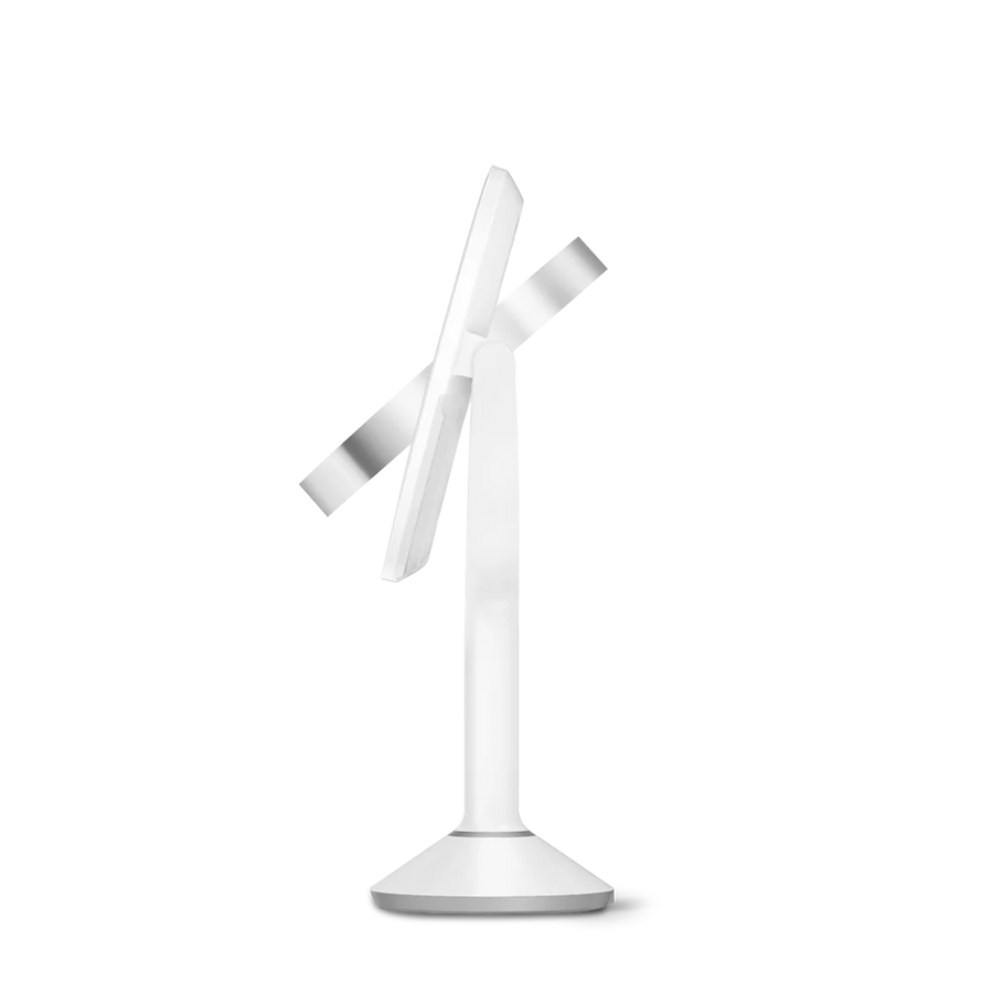 Profile view of Simplehuman Sensor Mirror Trio in White, showcasing the adjustable tilt for customized viewing angles.