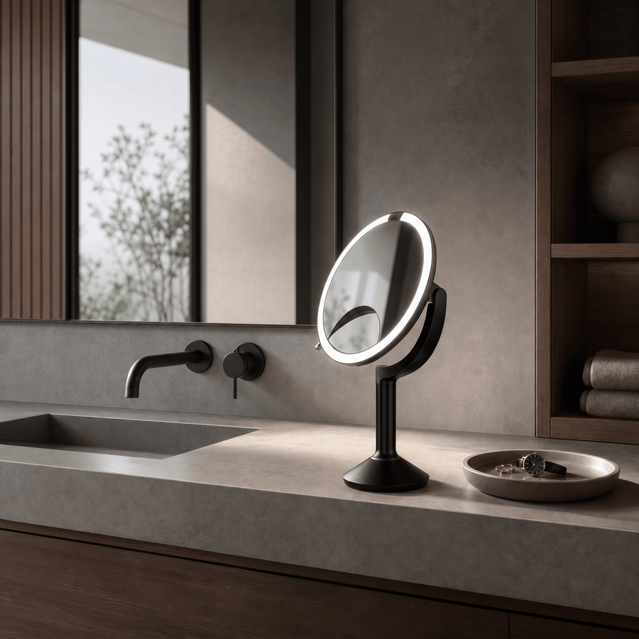 Simplehuman's Sensor Mirror Trio in Matte Black in a modern bathroom setting with darker lighting emphasizing the Tru-Lux technology in the light.