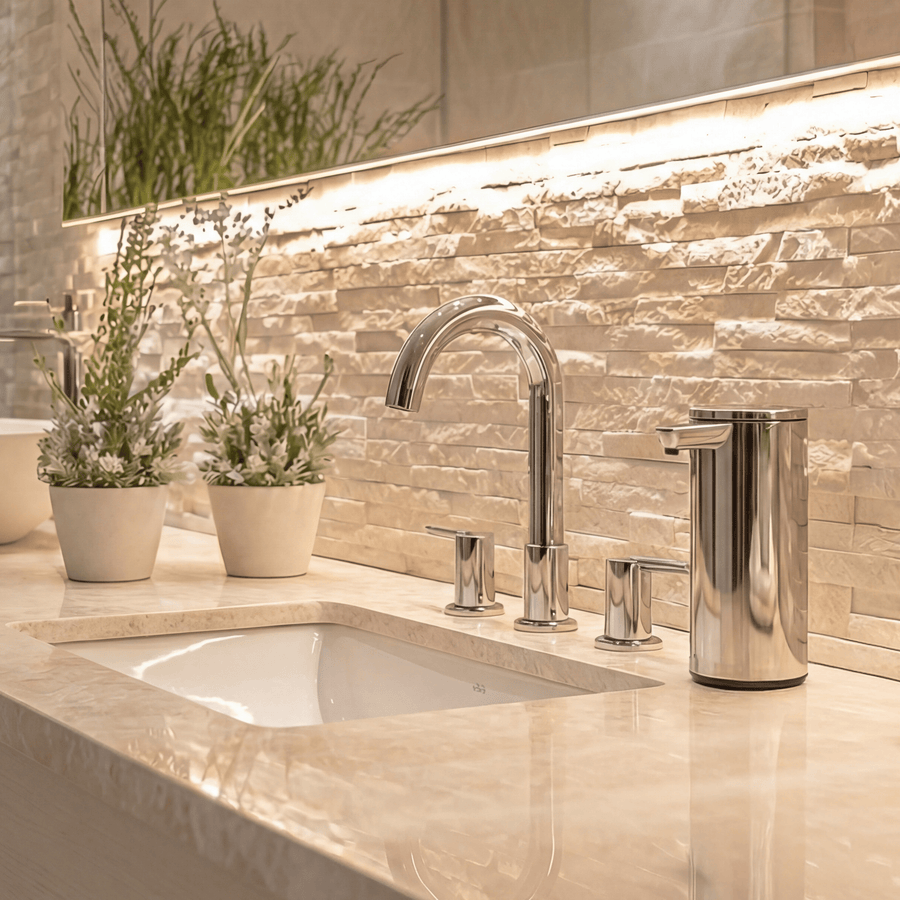 Simplehuman's 9 oz. Liquid Sensor Pump in Polished in a modern bathroom setting with marble countertop and polished appliances. 