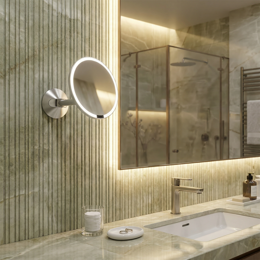 Simplehuman's Sensor Mirror Wall Mount in a modern bathroom setting with brighter lighting.