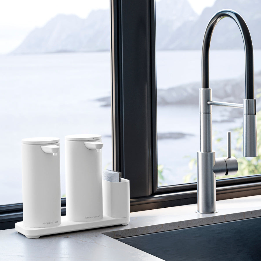 double grand distributeur de savon à  capteur + rangement pour éponge