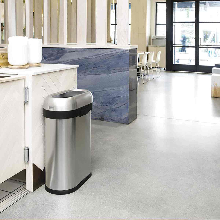 50L slim open bin - brushed stainless steel - lifestyle in restaurant