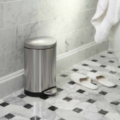 6L semi-round pedal bin - brushed finish - lifestyle bathroom next to slippers