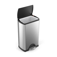 38L rectangular pedal bin with plastic lid - brushed finish - open top view