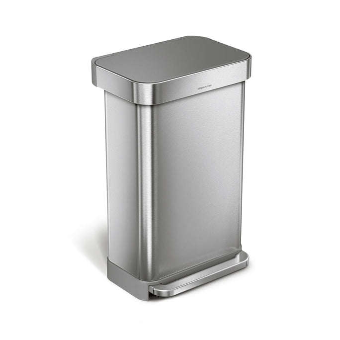 45L rectangular pedal bin with liner pocket with plastic lid - brushed finish - main image