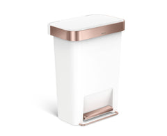 45L plastic rectangular pedal bin with liner pocket - white with rose gold trim - main image